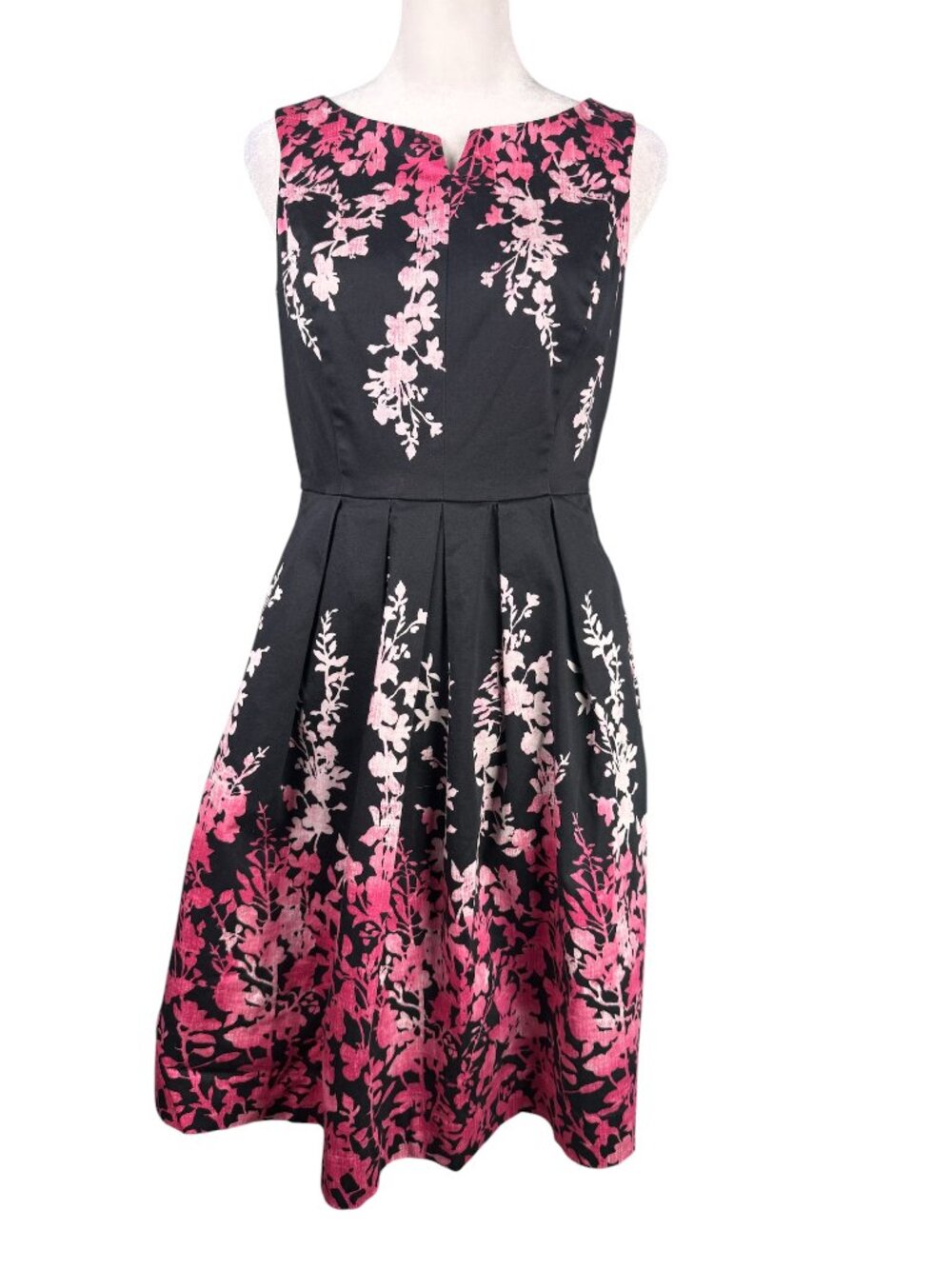 WHBM 4 Pleated Sleeveless Dress Fit Flare Black Pink Floral Pockets Lined